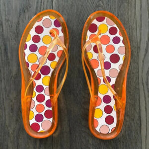 Vintage Synthetic Man-Made Beach Flip-Flop Sandals Orange Polka Dot Sz L 9 - 10